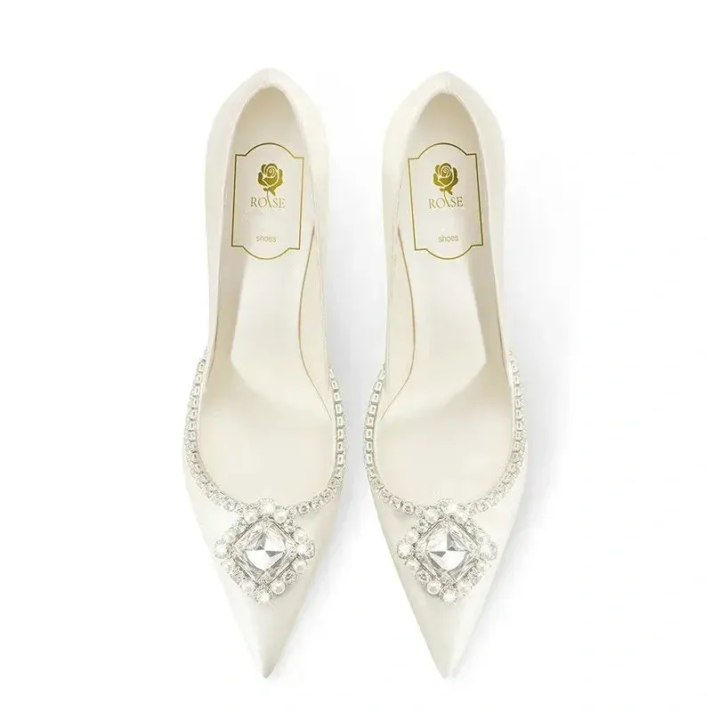 2025 Elegant Wedding Shoes Bridal Shoes White Rhinestone High Heels Bridesmaid Pumps