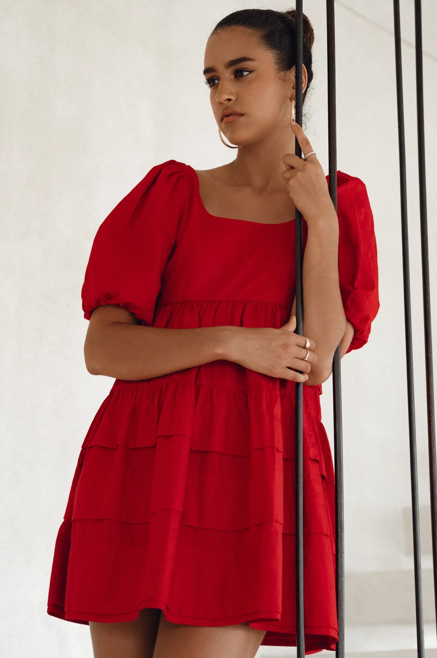 Andrea Babydoll Cotton Mini Dress - Red