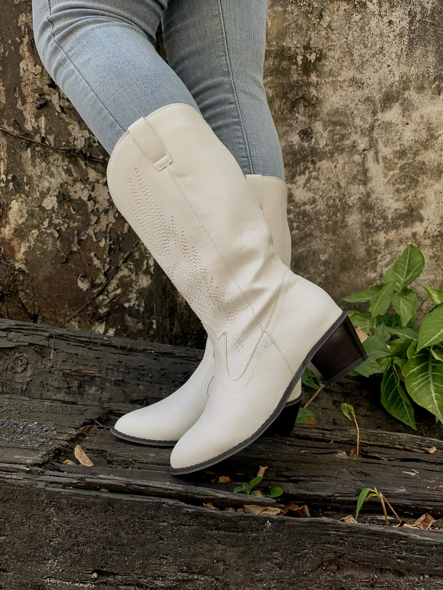 Angel Wing Embroidered Cowboy Comfy Heel Knee Boots - White