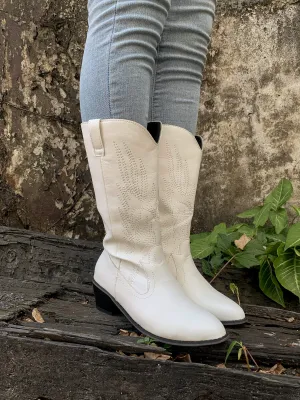 Angel Wing Embroidered Cowboy Comfy Heel Knee Boots - White