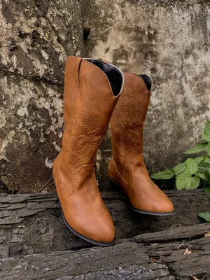 Angel Wing Embroidered Cowboy Heel Comfy Knee Boots - Brown