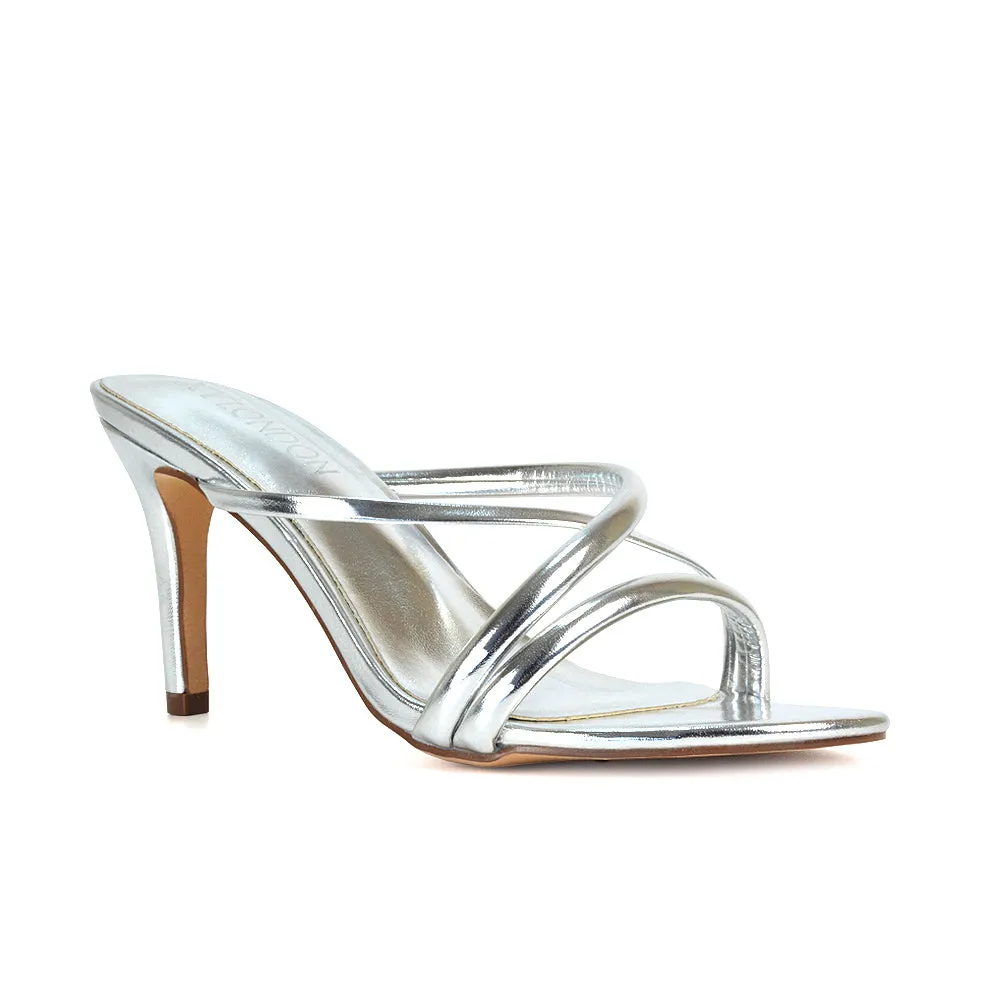 Angie Slip On Mid Heel Stiletto Mule Women's Heeled Sandals For Holiday in Silver Metallic