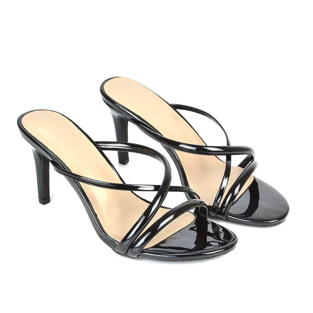 Angie Slip On Mid Heel Stiletto Mule Women's Heeled Sandals For Holiday in Silver Metallic