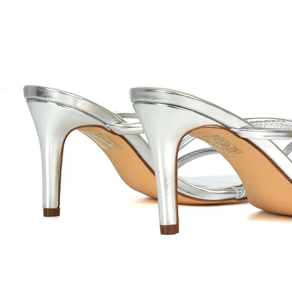 Angie Slip On Mid Heel Stiletto Mule Women's Heeled Sandals For Holiday in Silver Metallic