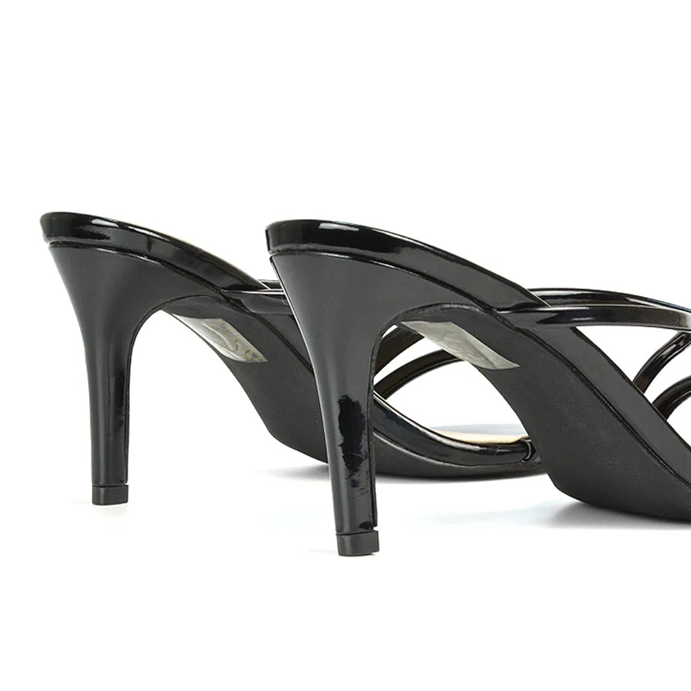 Angie Slip On Mid Heel Stiletto Mule Women's Heeled Sandals For Holiday in Silver Metallic