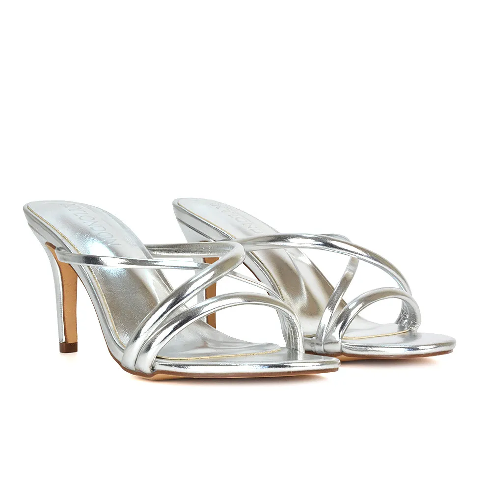 Angie Slip On Mid Heel Stiletto Mule Women's Heeled Sandals For Holiday in Silver Metallic