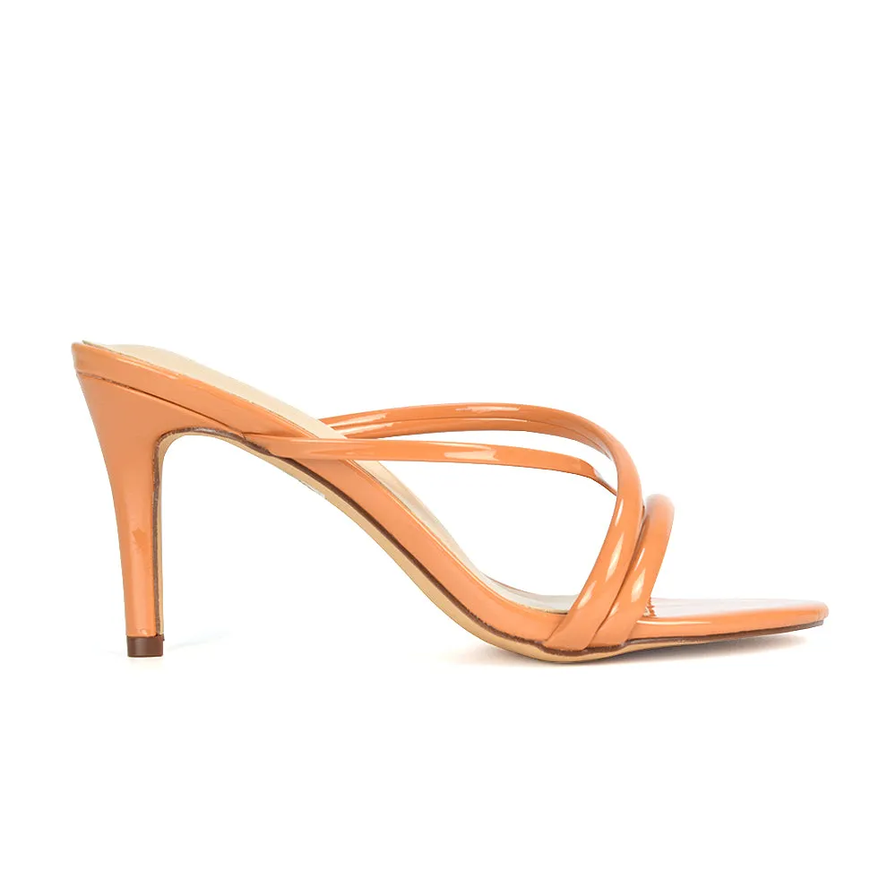 Angie Slip On Mid Heel Stiletto Mule Women's Heeled Sandals For Holiday in Silver Metallic