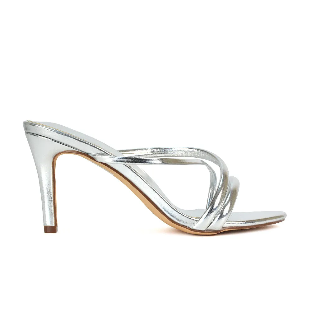 Angie Slip On Mid Heel Stiletto Mule Women's Heeled Sandals For Holiday in Silver Metallic
