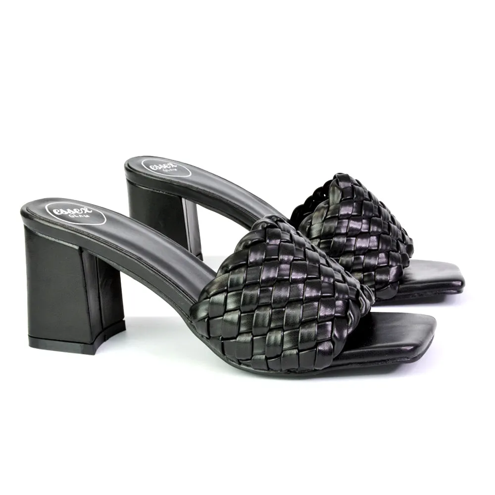 Aries Slip On Low Block Heel Sandals Square Toe Woven Mules In Blue