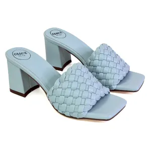 Aries Slip On Low Block Heel Sandals Square Toe Woven Mules In Blue