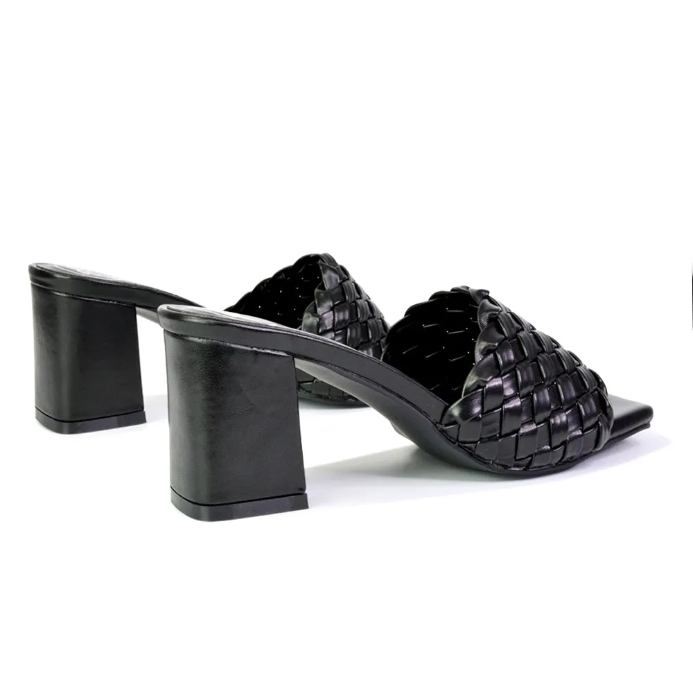 Aries Slip On Low Block Heel Sandals Square Toe Woven Mules In Blue