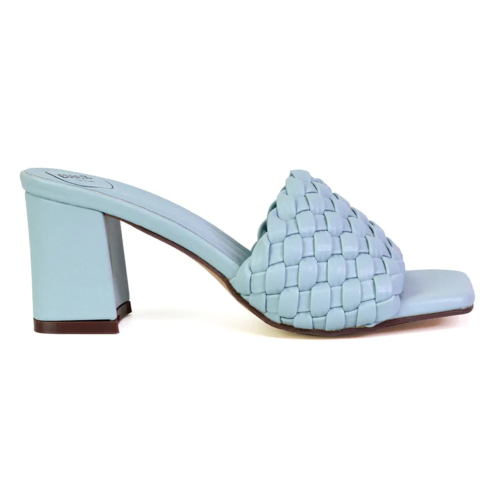 Aries Slip On Low Block Heel Sandals Square Toe Woven Mules In Blue