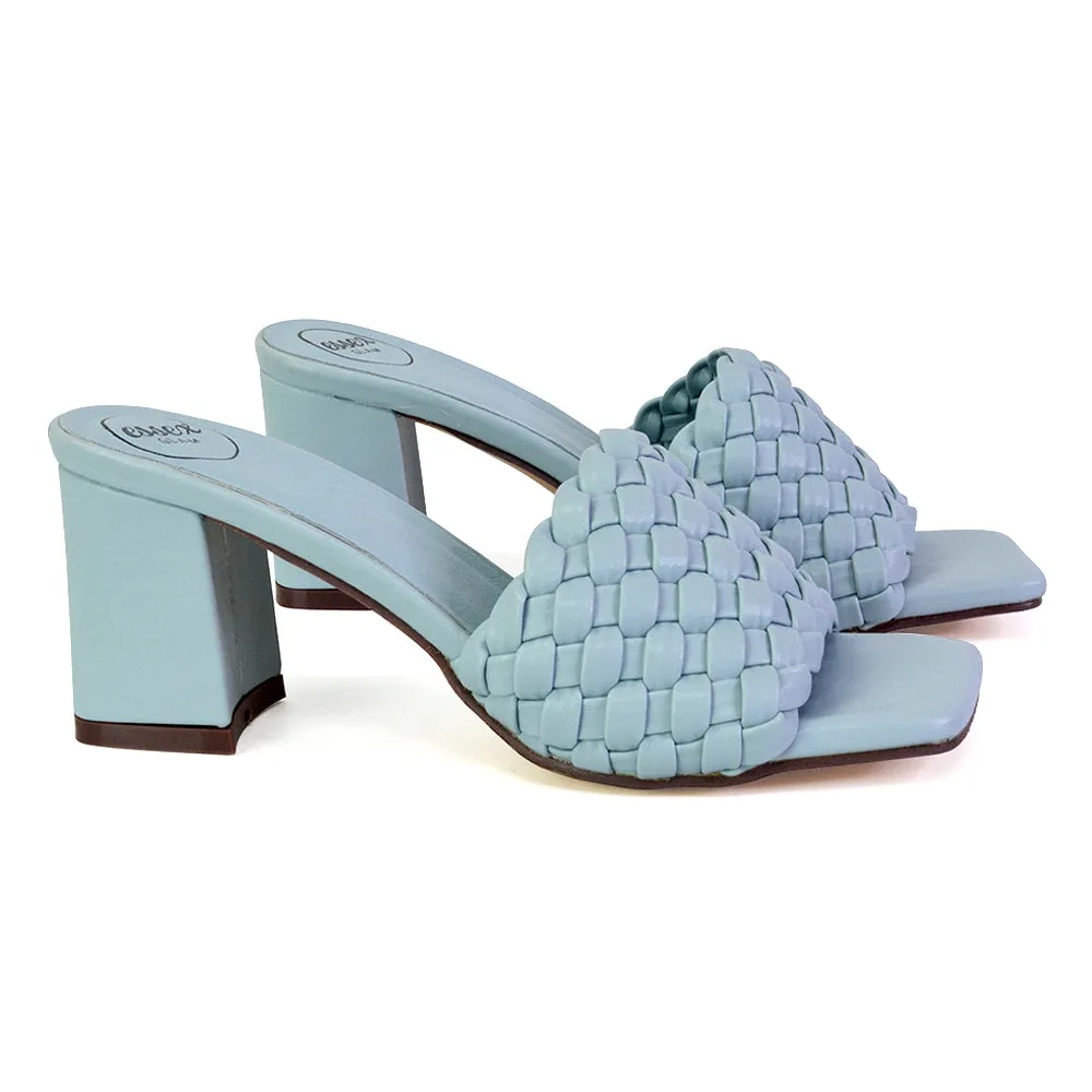 Aries Slip On Low Block Heel Sandals Square Toe Woven Mules In Blue