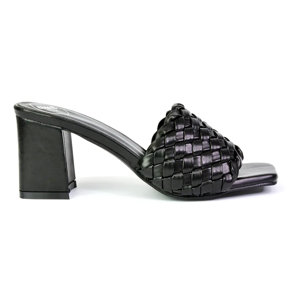 Aries Slip On Low Block Heel Sandals Square Toe Woven Mules In Blue