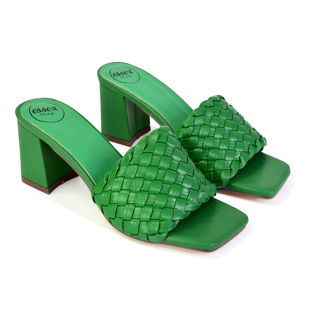 Aries Slip On Low Block Heel Sandals Square Toe Woven Mules In Blue
