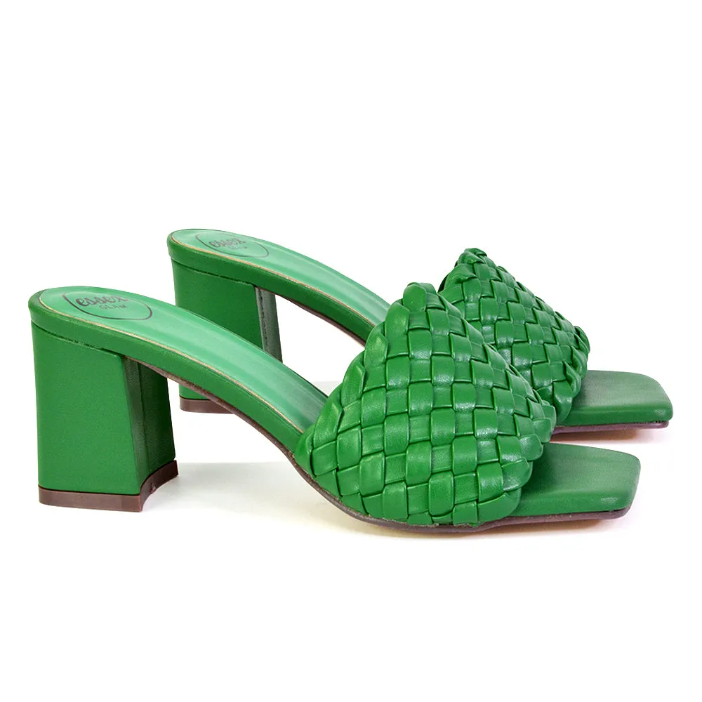 Aries Slip On Low Block Heel Sandals Square Toe Woven Mules In Blue