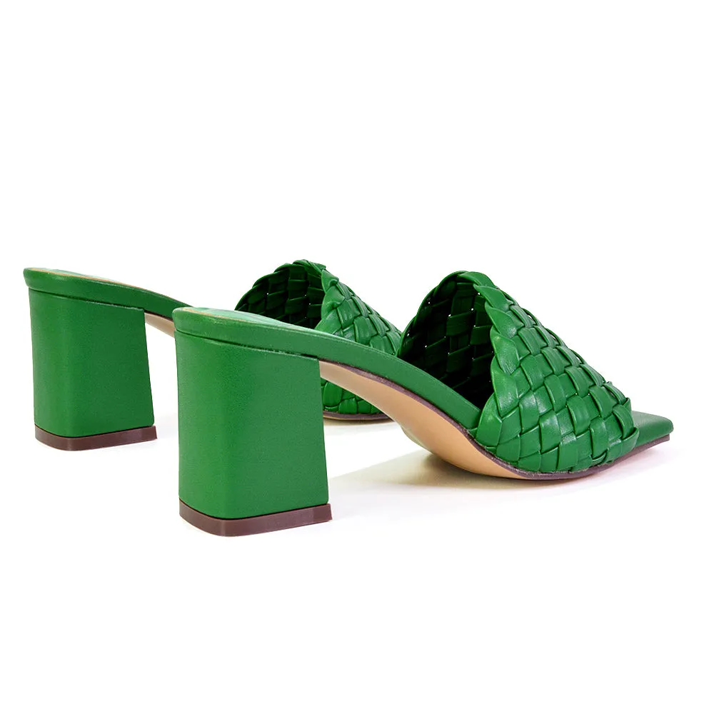 Aries Slip On Low Block Heel Sandals Square Toe Woven Mules In Blue