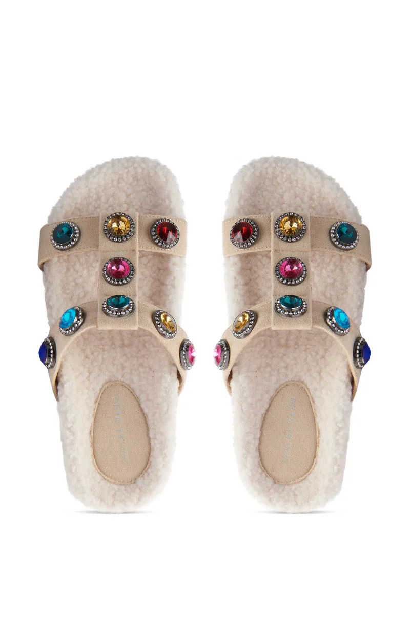 AZALEA WANG LUCIENA BEIGE RHINESTONE AND SHERPA SANDAL