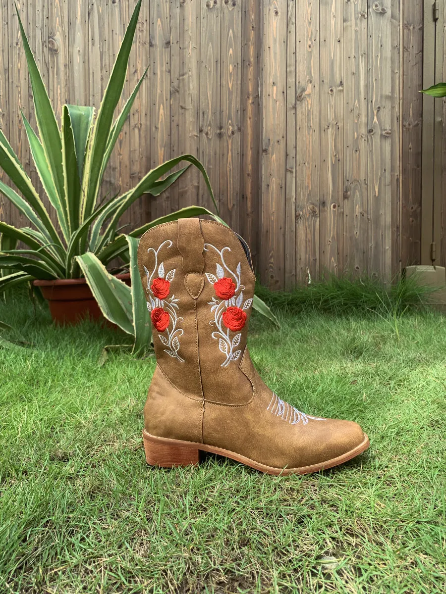 Beige Rose Embroidered Cowboy Low Heel Comfy Knee Boots