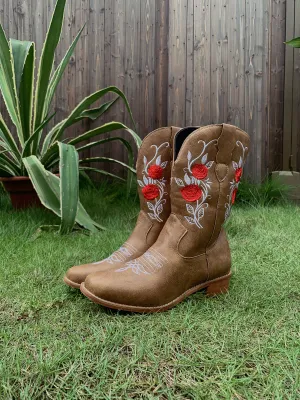Beige Rose Embroidered Cowboy Low Heel Comfy Knee Boots