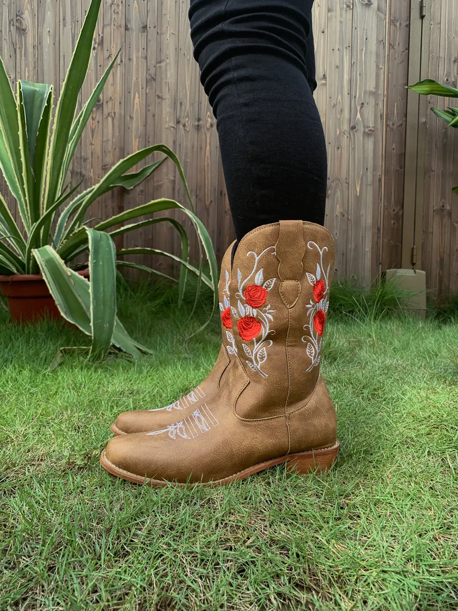 Beige Rose Embroidered Cowboy Low Heel Comfy Knee Boots