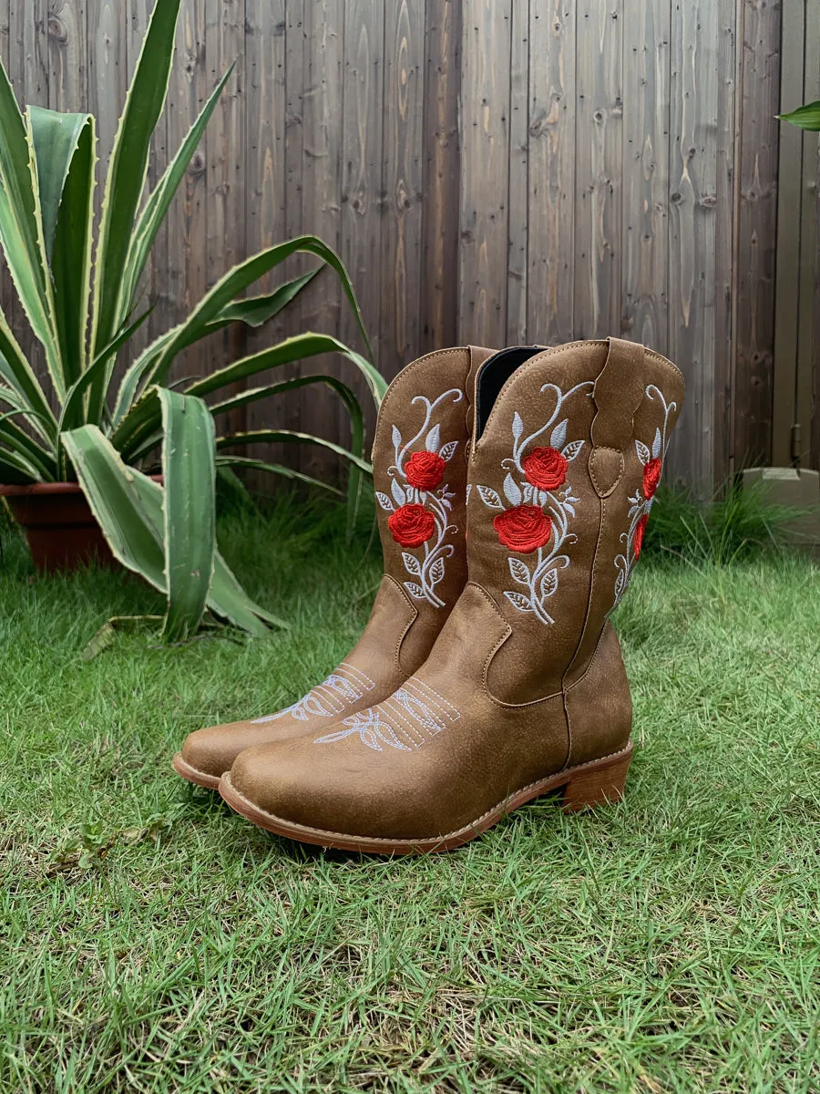 Beige Rose Embroidered Cowboy Low Heel Comfy Knee Boots