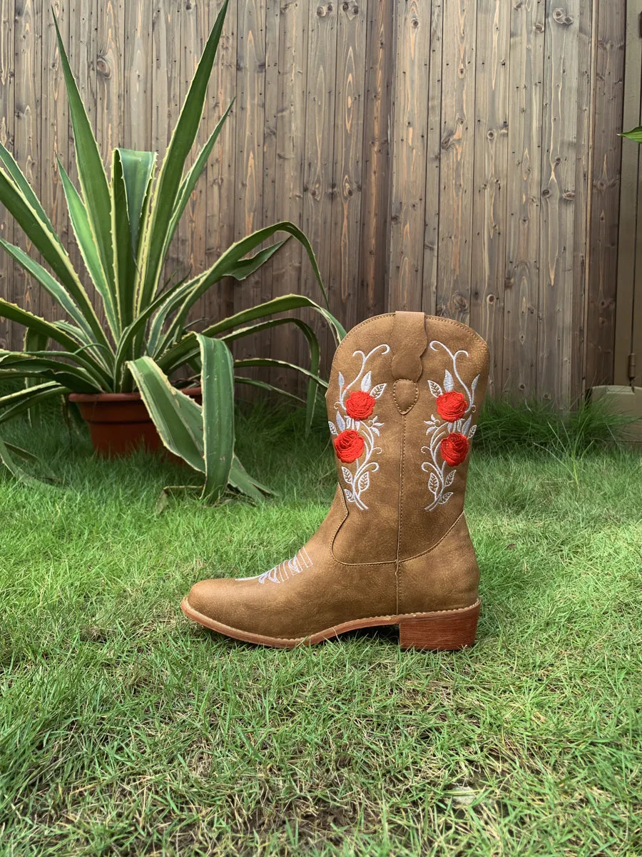 Beige Rose Embroidered Cowboy Low Heel Comfy Knee Boots