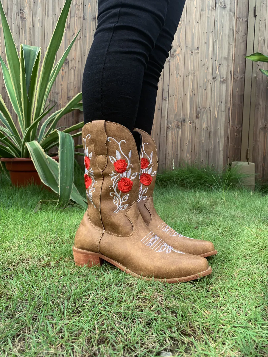 Beige Rose Embroidered Cowboy Low Heel Comfy Knee Boots