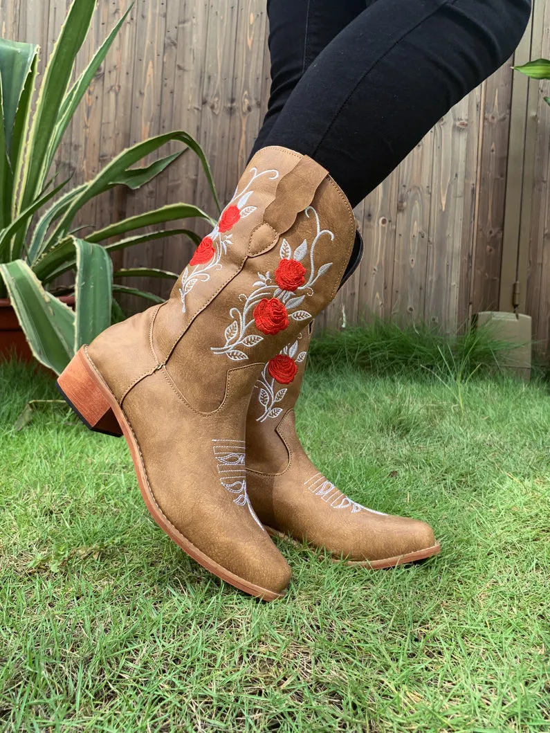 Beige Rose Embroidered Cowboy Low Heel Comfy Knee Boots