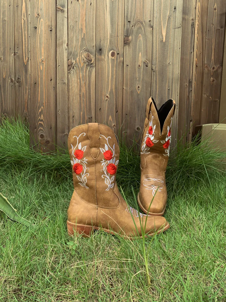 Beige Rose Embroidered Cowboy Low Heel Comfy Knee Boots