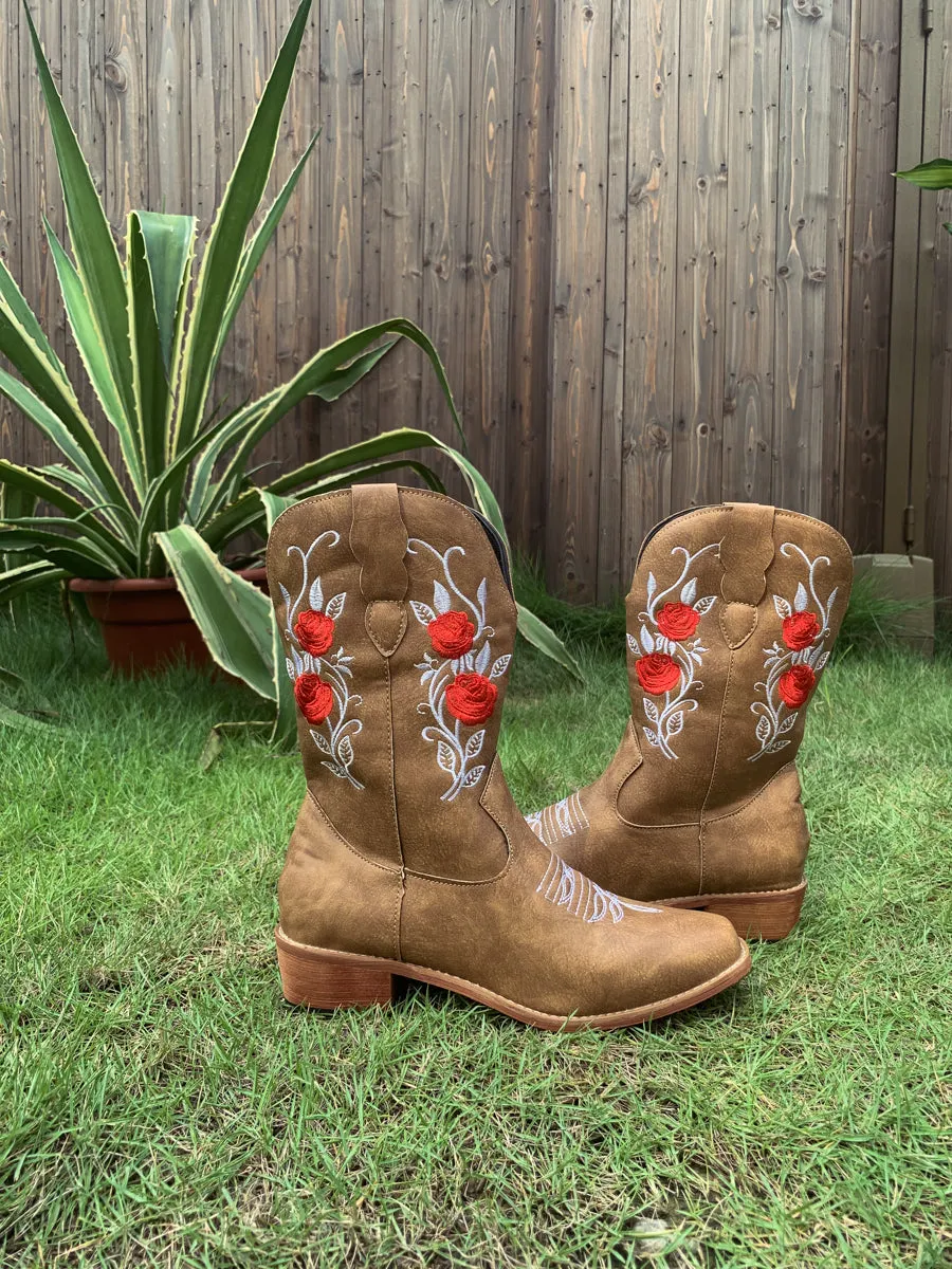 Beige Rose Embroidered Cowboy Low Heel Comfy Knee Boots