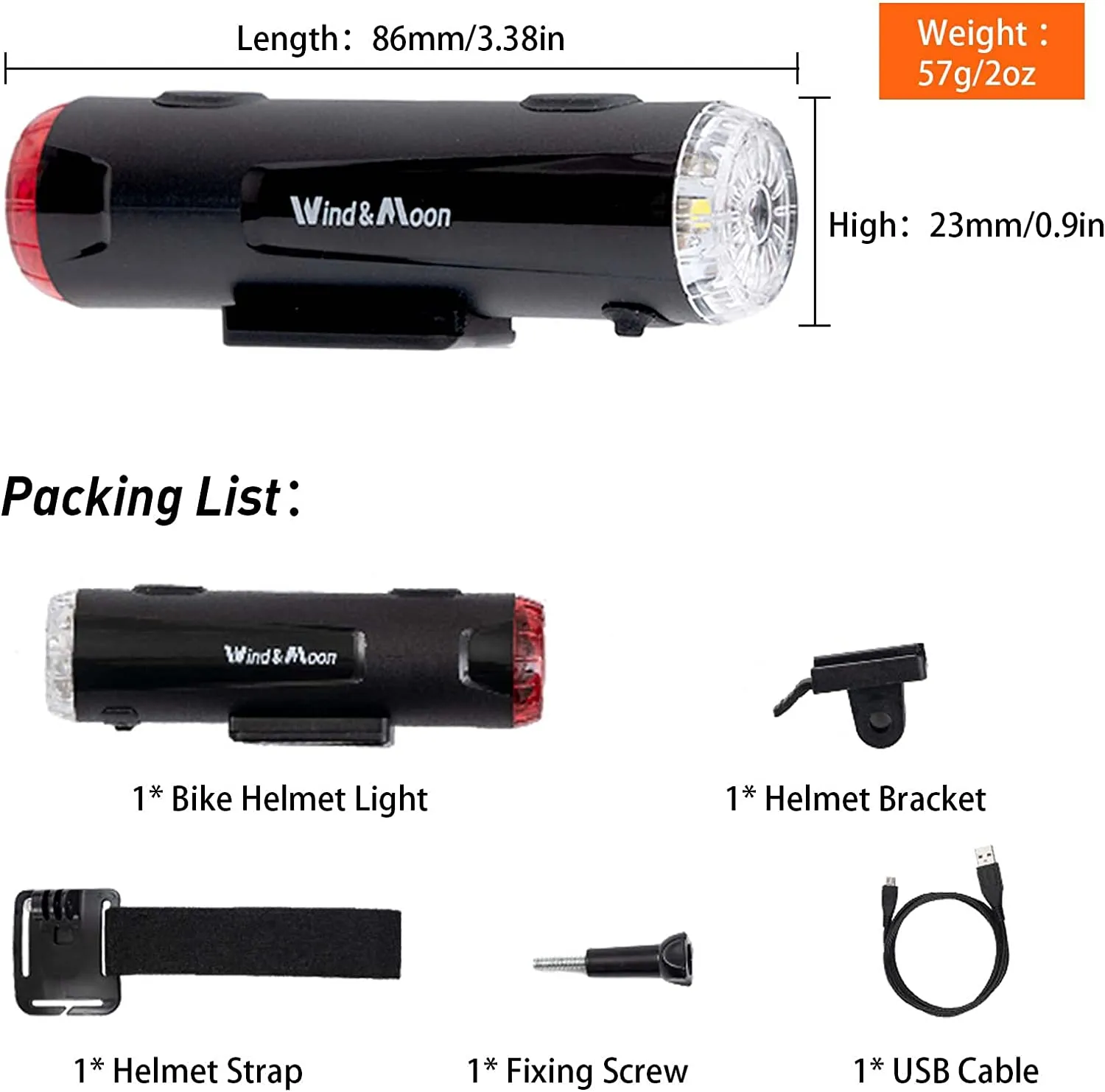 Bicycle Helmet Light - 2 in 1 Headlight and tail light, Rechargeable, Waterproof