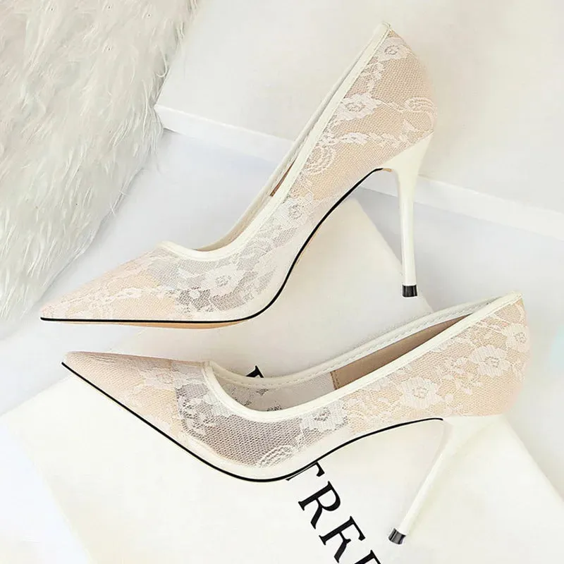 BIGTREE Shoes Mesh Hollow Lace Woman Pumps 2025 Spring Women Heels Sexy Party Shoes Thin Stiletto Heels Women Shoes 6 Colour