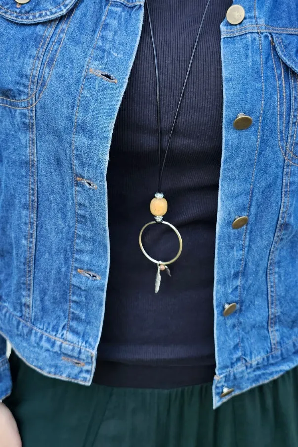 Black Leather Necklace with Silver Hoop