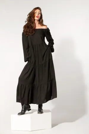 Black Long Dress With Sleeves, Off Shoulder Dress, Black Gypsy Dress, Bohemian Clothing, Summer Kaftan Dress, Plus Size Clothing, Ruffle