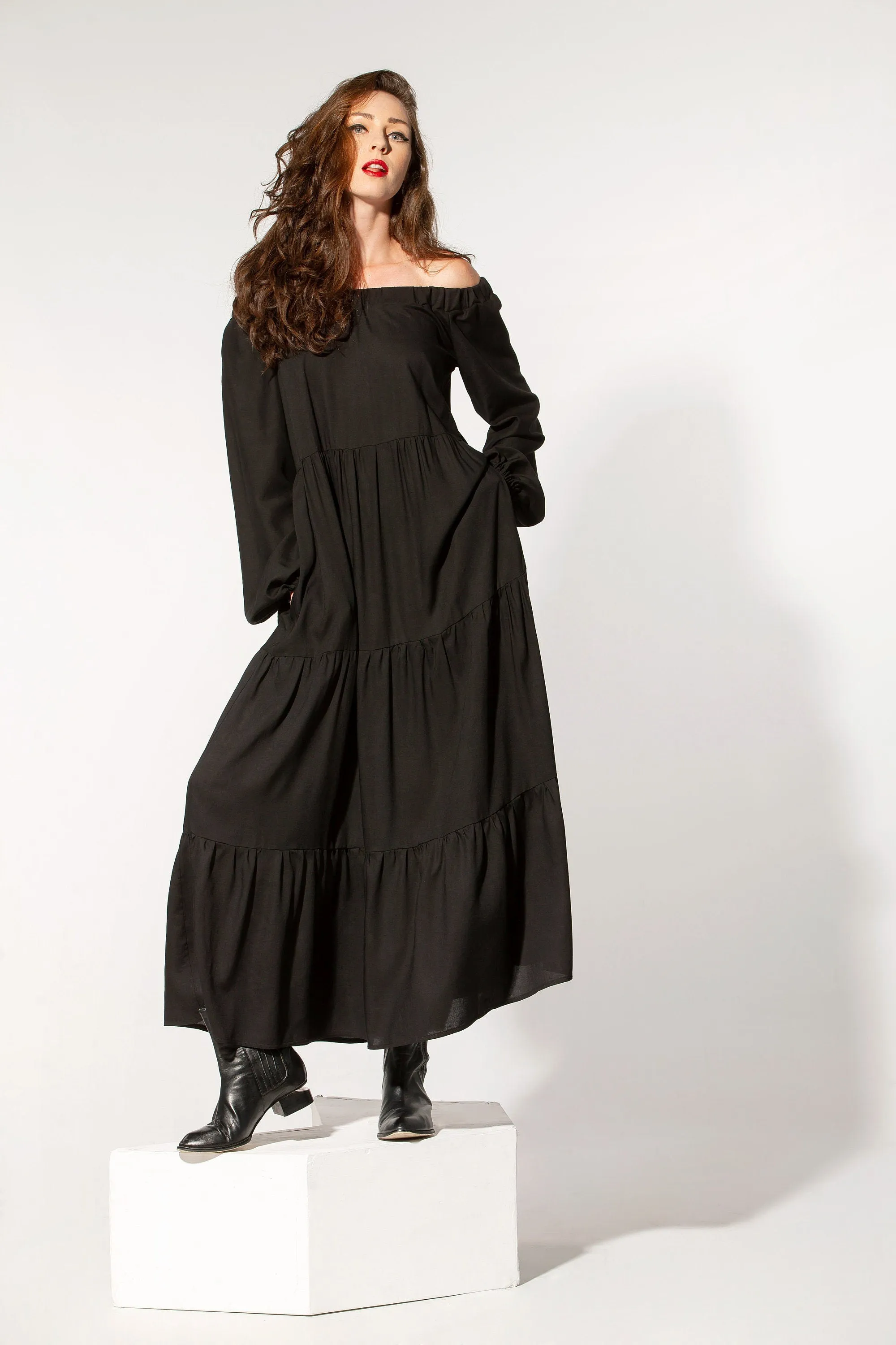 Black Long Dress With Sleeves, Off Shoulder Dress, Black Gypsy Dress, Bohemian Clothing, Summer Kaftan Dress, Plus Size Clothing, Ruffle