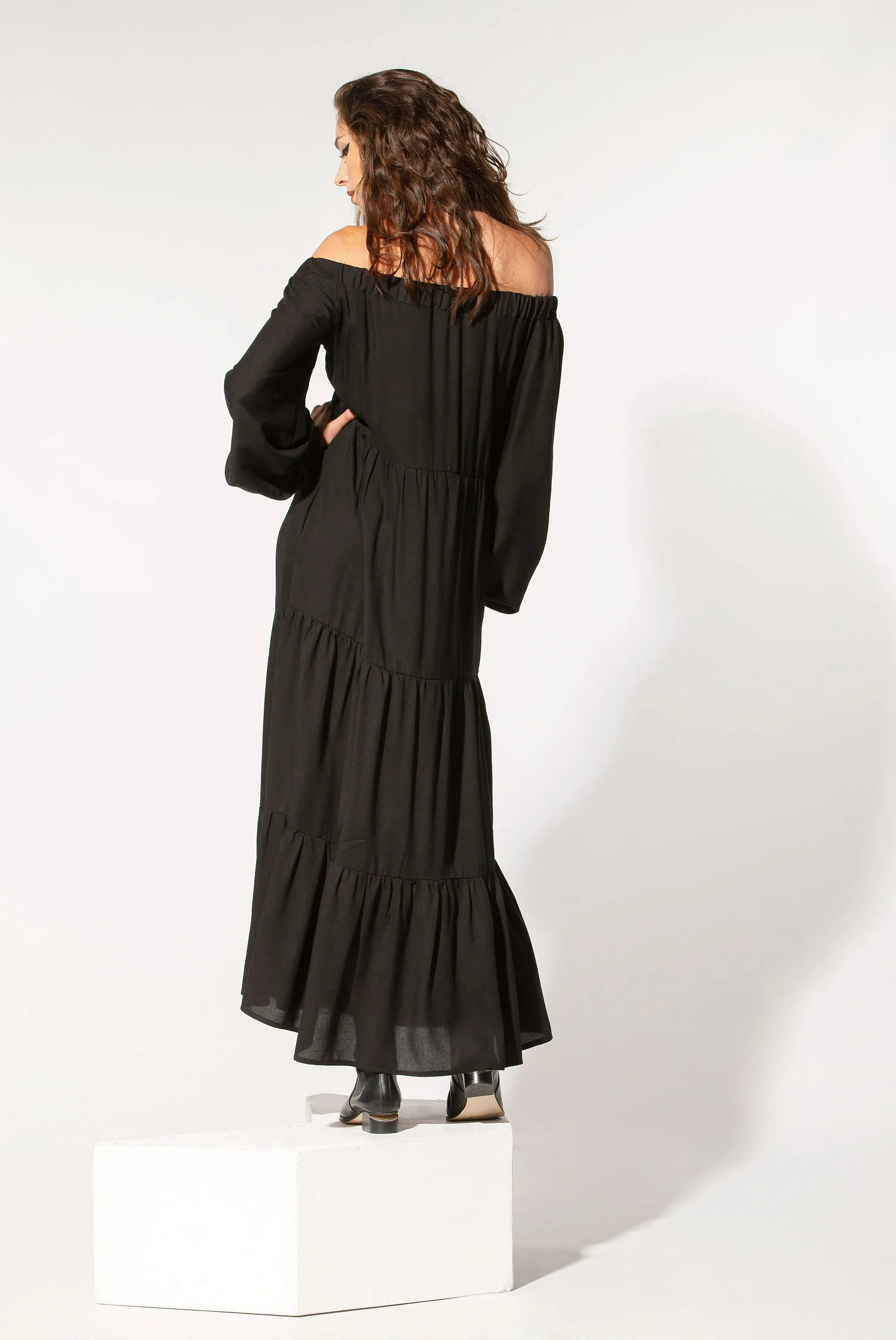 Black Long Dress With Sleeves, Off Shoulder Dress, Black Gypsy Dress, Bohemian Clothing, Summer Kaftan Dress, Plus Size Clothing, Ruffle