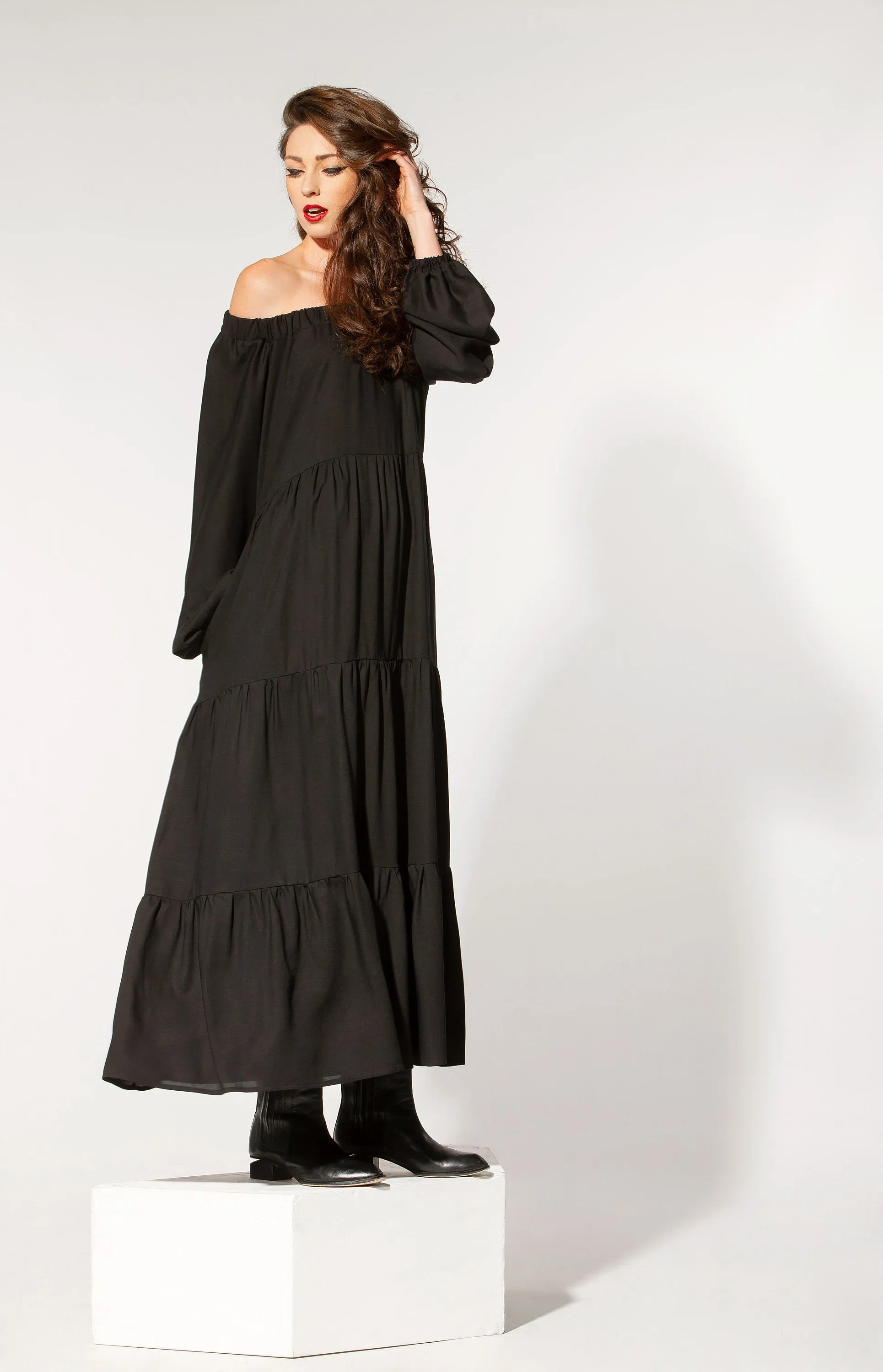 Black Long Dress With Sleeves, Off Shoulder Dress, Black Gypsy Dress, Bohemian Clothing, Summer Kaftan Dress, Plus Size Clothing, Ruffle