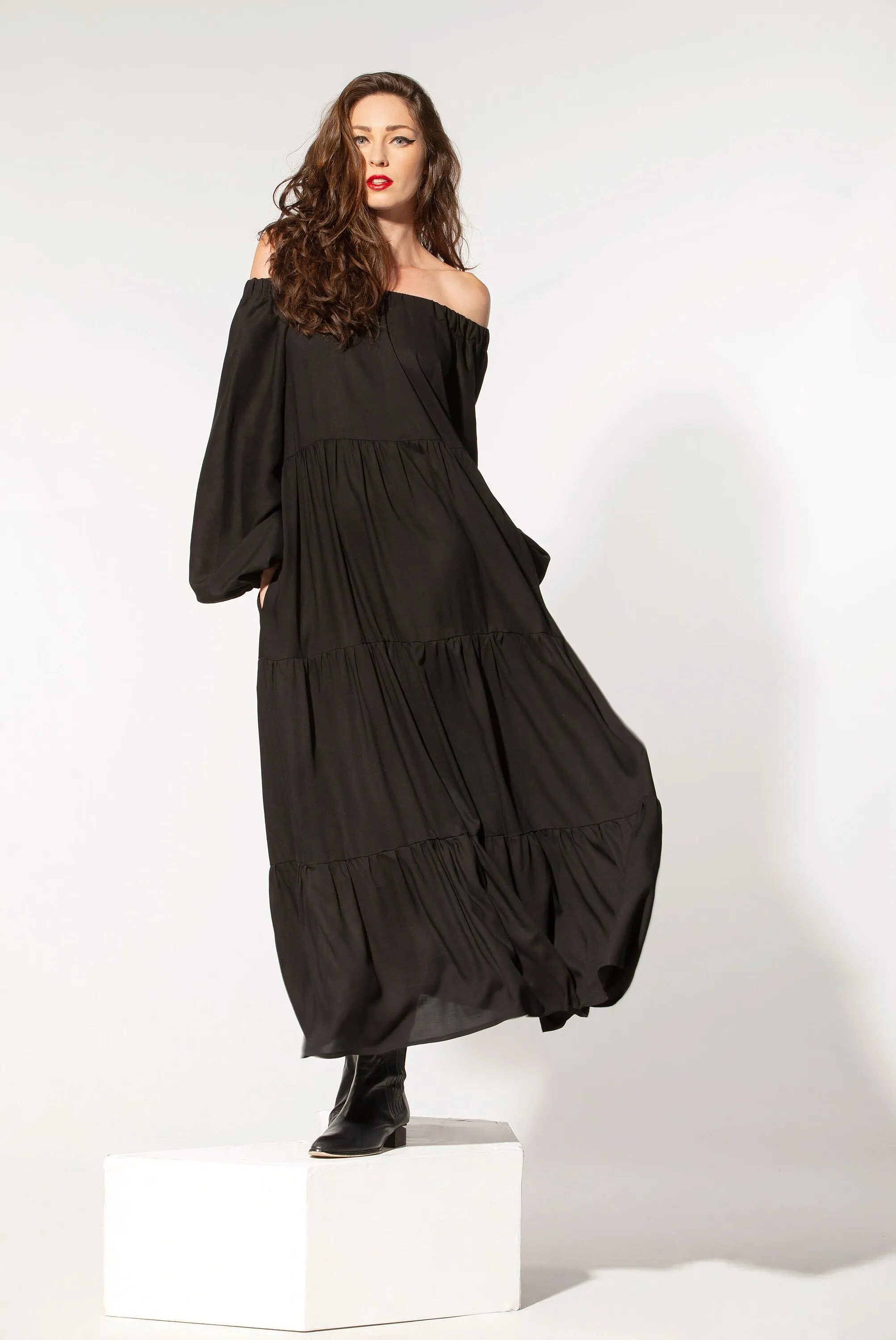 Black Long Dress With Sleeves, Off Shoulder Dress, Black Gypsy Dress, Bohemian Clothing, Summer Kaftan Dress, Plus Size Clothing, Ruffle
