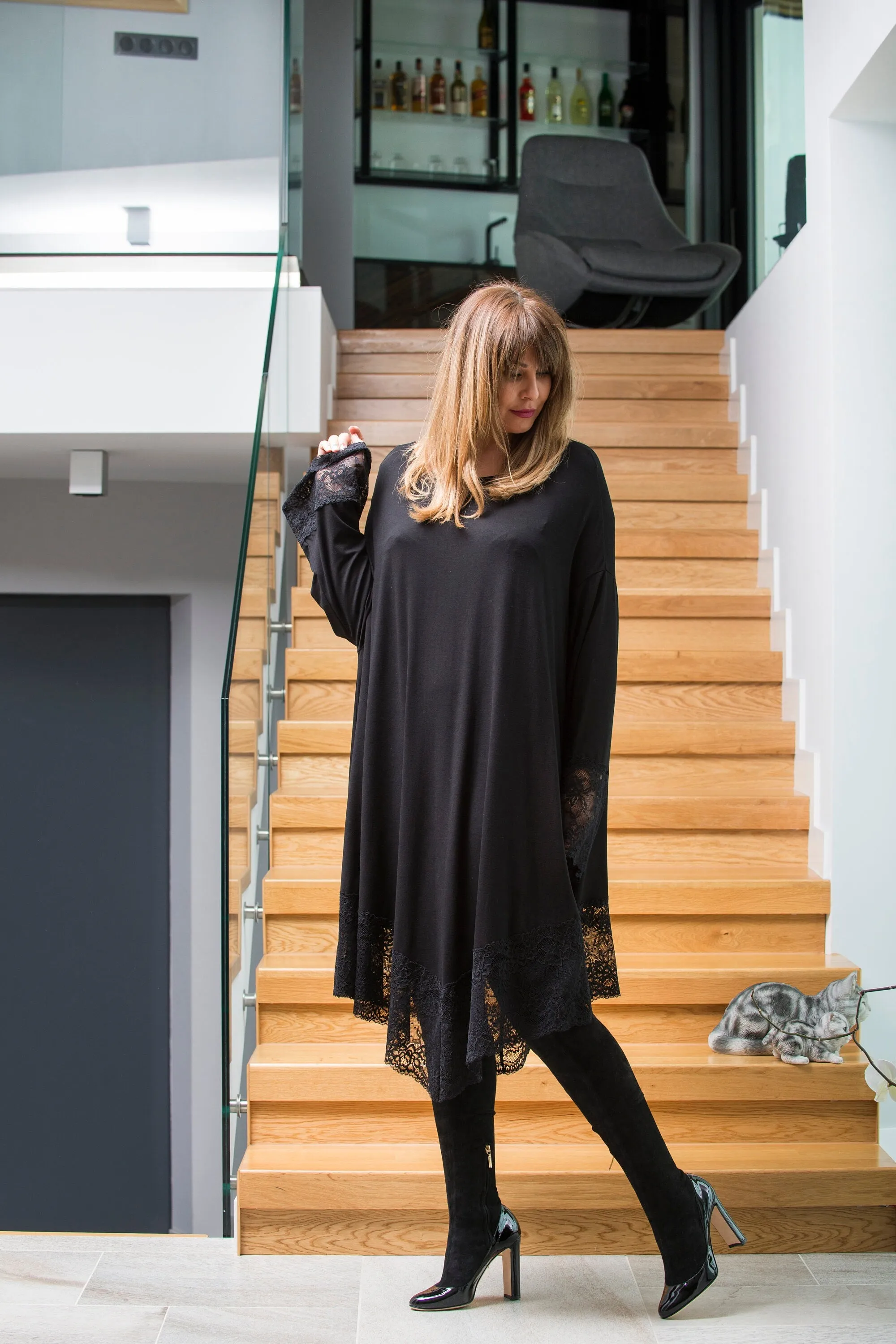 Black Party dress, asymmetrical dress, lace gown, plus size dress, maxi dress, loose dress, black maxi dress, plus size clothing, 101.422