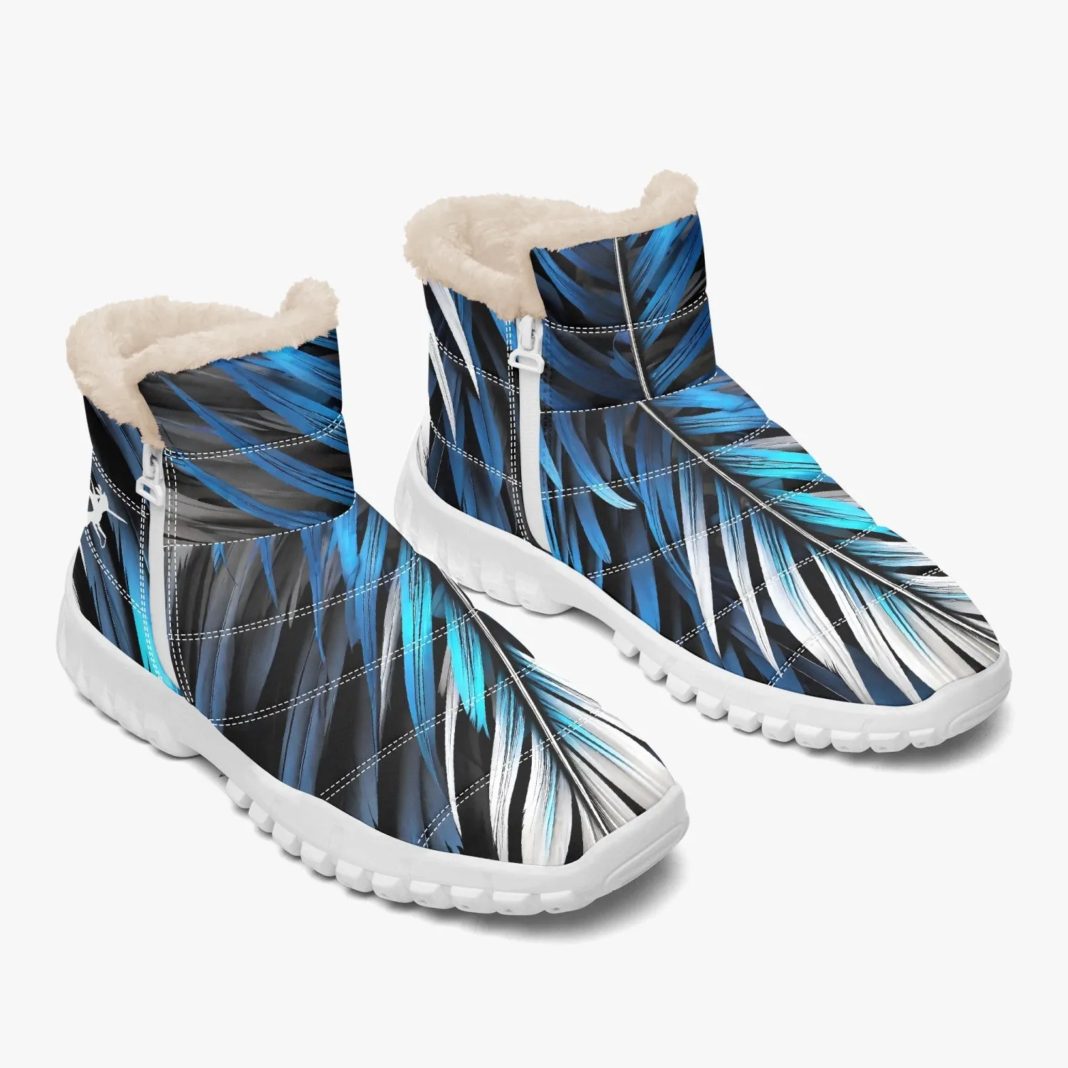 Blue White Feathers Fur Zip Up Boots