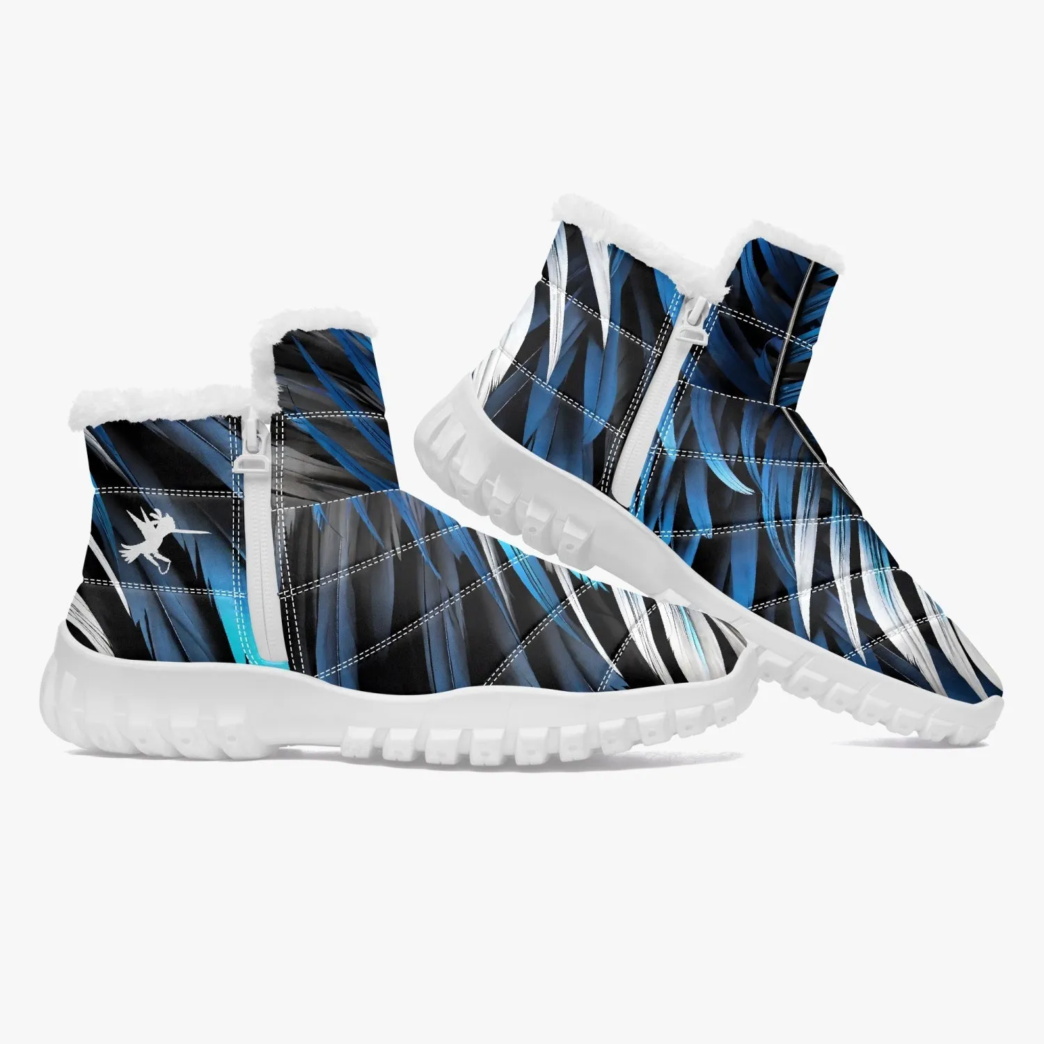 Blue White Feathers Fur Zip Up Boots