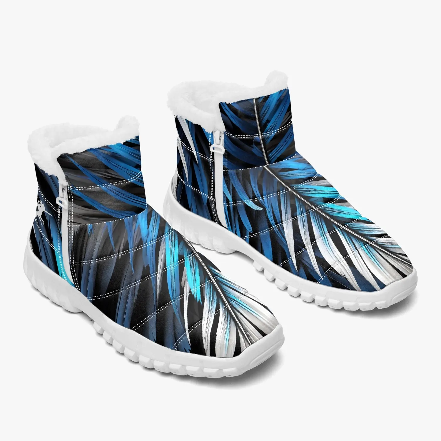 Blue White Feathers Fur Zip Up Boots