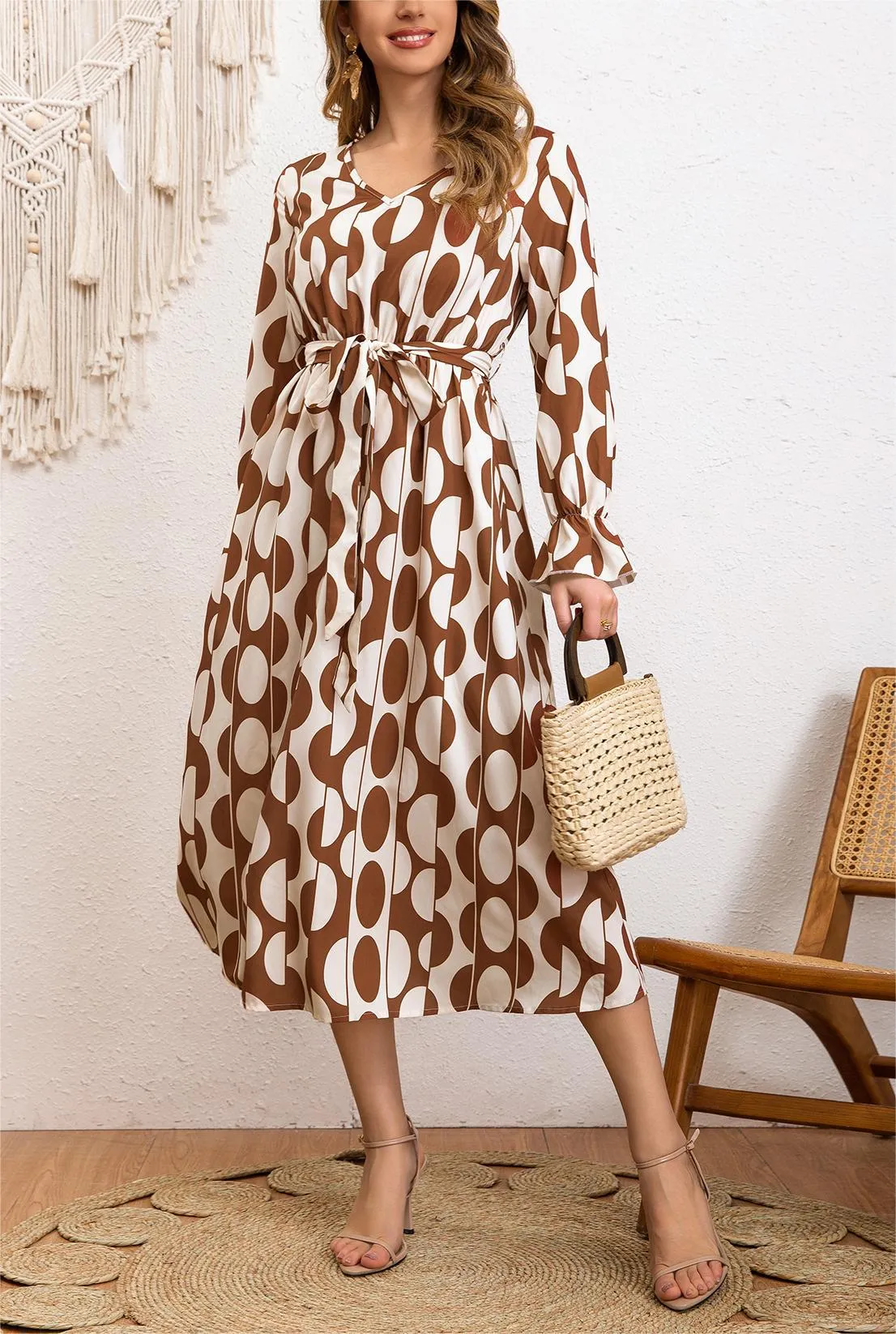 Boho Charm Geometric Print Lace-Up Lotus Sleeve Holiday Dress