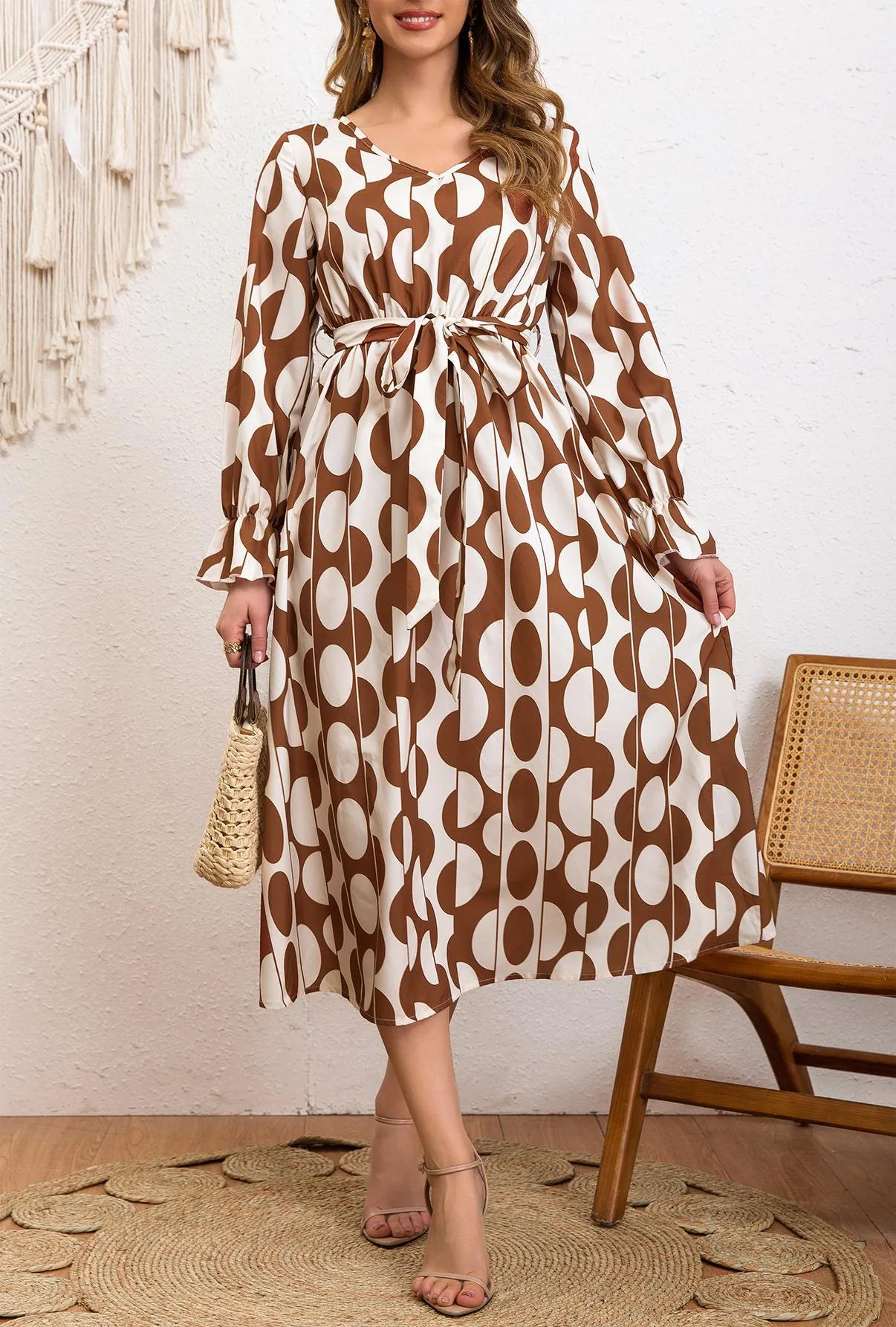 Boho Charm Geometric Print Lace-Up Lotus Sleeve Holiday Dress