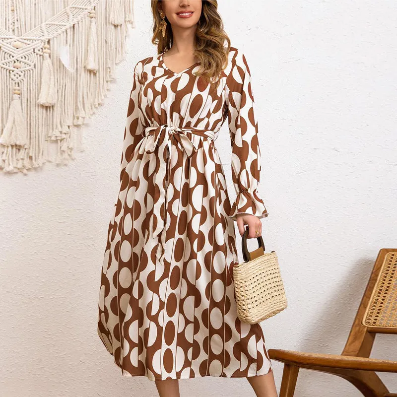 Boho Charm Geometric Print Lace-Up Lotus Sleeve Holiday Dress