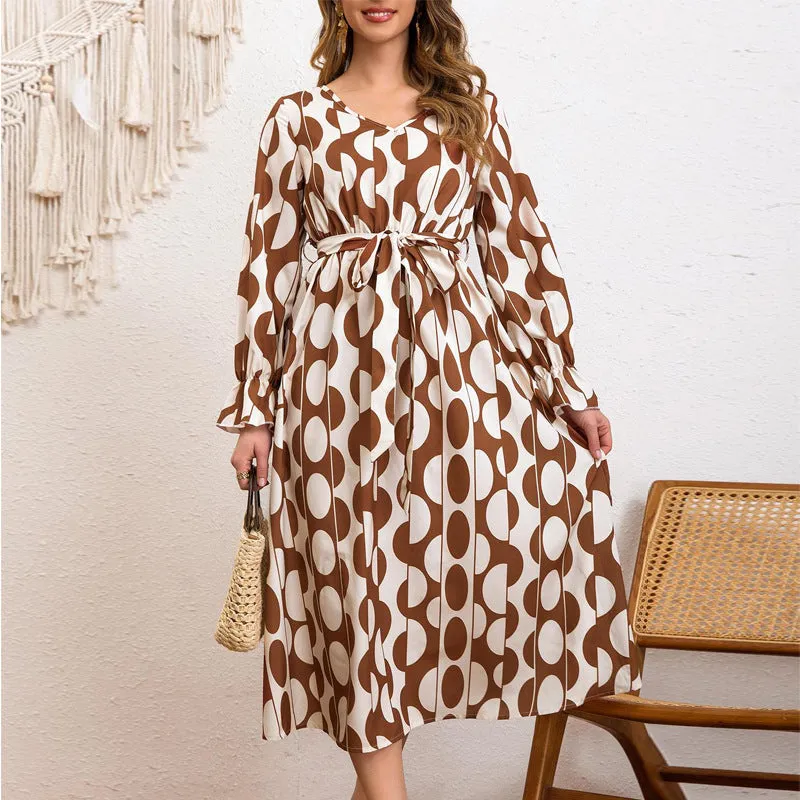 Boho Charm Geometric Print Lace-Up Lotus Sleeve Holiday Dress