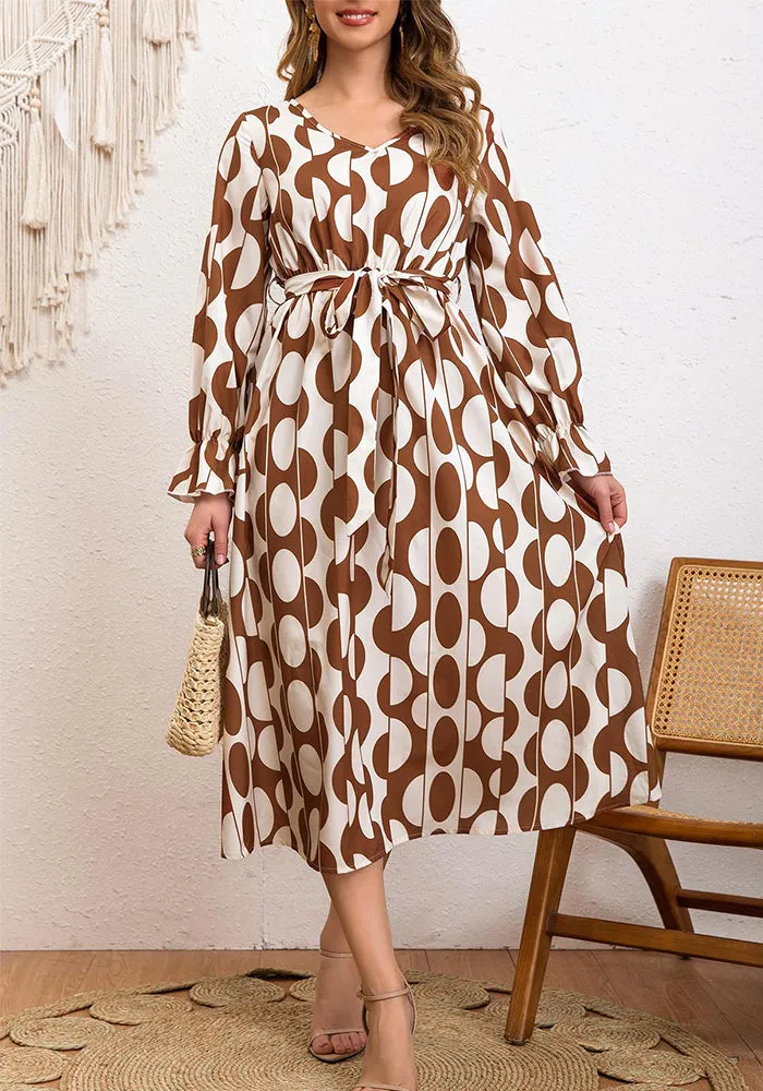 Boho Charm Geometric Print Lace-Up Lotus Sleeve Holiday Dress