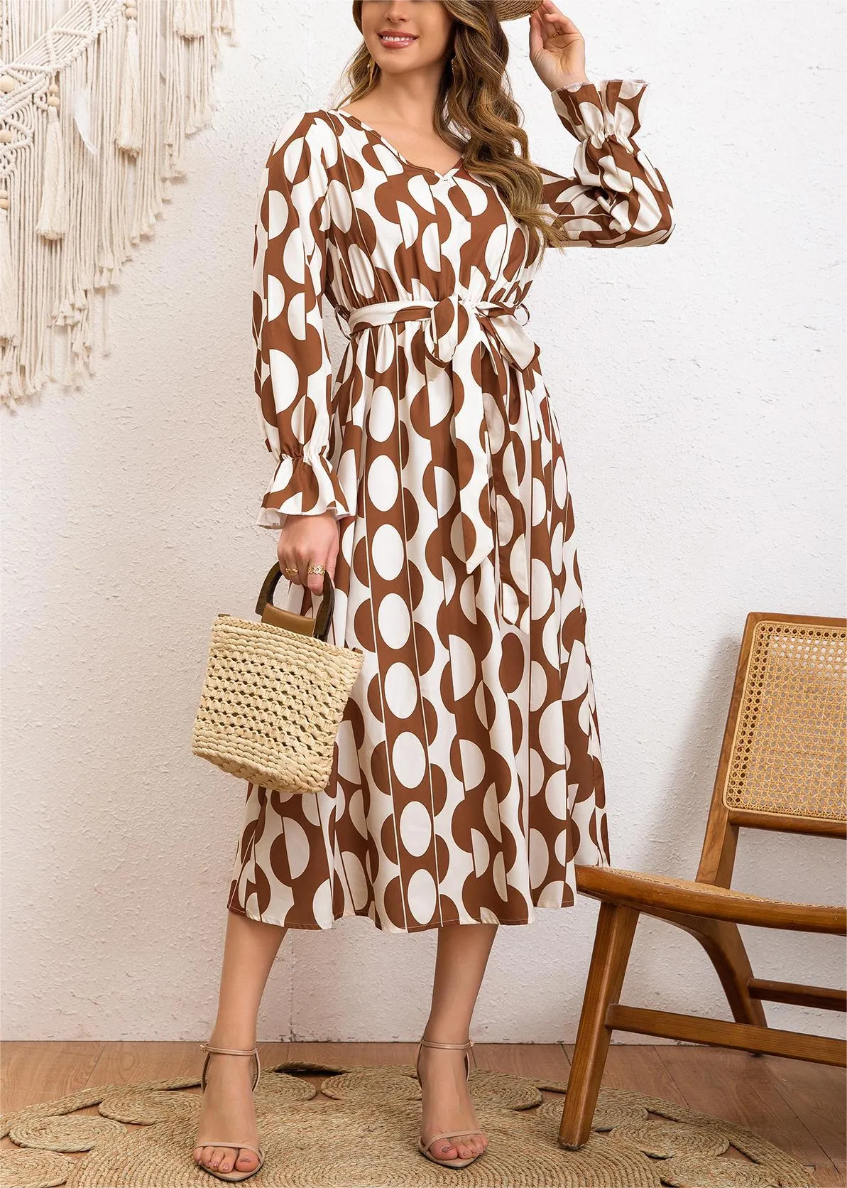 Boho Charm Geometric Print Lace-Up Lotus Sleeve Holiday Dress