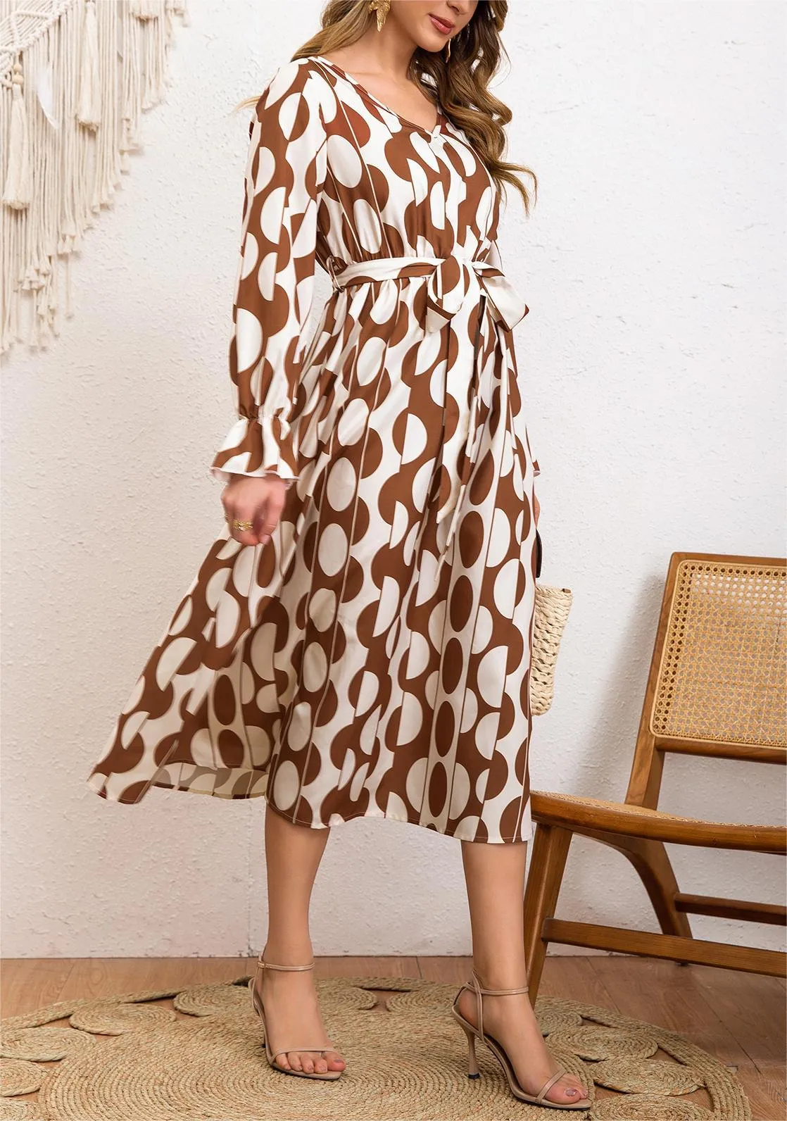 Boho Charm Geometric Print Lace-Up Lotus Sleeve Holiday Dress